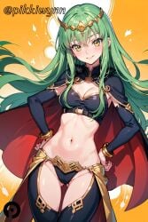 ai_generated ass_visible_through_thighs bangs black_cape blush bracelet breasts c.c. cape cleavage code_geass cosplay cowboy_shot detached_sleeves female green_hair hands_on_hips jewelry long_hair looking_at_viewer medium_breasts midriff navel parted_lips pikkiwynn smile solo stomach yellow_eyes