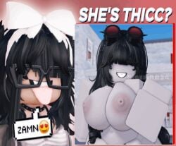 2girls 3d black_hair bow emoji fully_clothed fully_clothed_female glasses grey_skin grey_skinned_female hair_covering_eye hair_covering_eyes light-skinned_female meme naked naked_female plozzirr34 reaction reaction_image roblox robloxian tongue_out zamn!