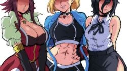 3girls abs akiza_izinski bare_arms bare_shoulders big_breasts black_hair blonde_hair breasts cammy_white chainsaw_man cleavage clothed clothing color crossover faceless_female female female_only fully_clothed hi_res hourglass_figure huge_breasts izayoi_aki large_breasts lewdamone light-skinned_female light_skin multiple_girls muscles muscular muscular_female reze_(chainsaw_man) scar short_hair street_fighter street_fighter_6 thick_thighs wide_hips yu-gi-oh! yu-gi-oh!_5d's