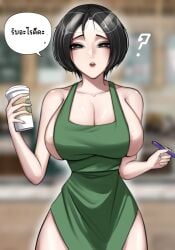 apron apron_only barista black_eyes black_hair breasts cleavage coffee employee employee_uniform female female_focus female_only glasses glasses_on_head short_hair starbucks tagme