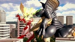 3d alien alien_girl alien_humanoid battle big_mouth biting city city_background female female_only fight fighting galactic_art large_breasts losing_fight monster original original_character saliva ultraman_(franchise) ultrawoman