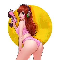 1girls ass blizzard_entertainment blue_eyes brown_hair d.va fei_teng female female_only gun legs looking_back overwatch pistol solo underwear weapon