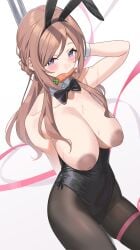 1girls airseal big_breasts black_stockings blue_eyes blush breasts brown_hair brown_nipples bunny_costume bunny_ears bunny_girl bunnysuit carrot carrot_in_mouth curvy female female_focus female_only gakuen_idolmaster himesaki_rinami huge_breasts inverted_nipples long_hair looking_at_viewer nipples pole sagging_breasts simple_background solo solo_female solo_focus stockings sweat sweatdrop sweating sweaty thick_thighs thighs white_background