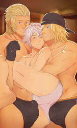 3boys age_difference artist_request ass blonde_hair crotch facial_hair final_fantasy final_fantasy_xiii gay gloves highres hope_estheim imminent_sex leg_lift lifting male male_only multiple_boys muscle pecs restrained silver_hair size_difference snow_villiers threesome topless underwear undressing yaoi