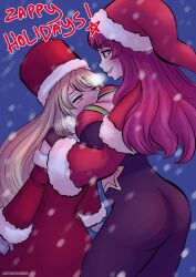2girls alternate_costume artist_name ass between_breasts big_ass blonde_hair blue_background blush bodysuit breast_smother breasts capelet celine_(fire_emblem) christmas cleavage dress english_commentary face_between_breasts face_to_breasts female female_only fire_emblem fire_emblem_engage fire_emblem_heroes hands_on_another's_shoulders hat head_between_breasts highres large_breasts long_hair long_sleeves looking_at_another multiple_girls nintendo official_alternate_costume red_capelet red_dress red_hair red_headwear santa_hat smile umeyiyo very_long_hair yunaka_(fire_emblem) yunaka_(fire_emblem)_(spirited_envoy) yuri