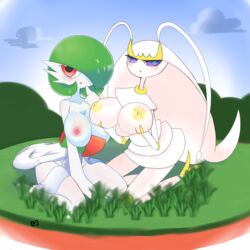 2_fingers 2girls 3_fingers alien antennae areolae ass blue_background blush boxf breast_grab breasts clouds day duo eye_contact feet female female_only gardevoir grass green_hair green_skin hair_over_one_eye holding holding_breast huge_breasts insect inverted_nipples kneeling large_breasts long_legs looking_at_viewer nintendo nipples open_mouth outdoors pheromosa pokemon pokemon_(species) pokemon_rse pokemon_sm pokemon_xy purple_eyes red_eyes short_hair sitting sky smile thick_thighs wariza white_skin wide_hips yellow_skin