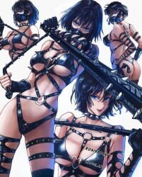 1girls ass blue_eyes body_harness fubuki_(one-punch_man) instagram_username kaijin_hime_do-s_(cosplay) large_breasts looking_at_viewer looking_away mask multiple_poses one-punch_man smile solo solo_female spiked_collar spiked_whip wearing_others_clothes whip zipper_panties