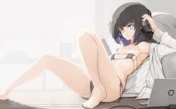 barefoot bikini black_hair bob_cut feet genek legs_up open_shirt petite petite_body petite_female shirt_only sitting sitting_down sitting_on_floor slim_waist small_breasts teenager