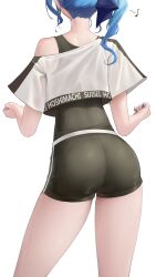 ass bike_shorts black_shorts blue_hair female highres hololive hololive_dance_practice_uniform hololive_gen_0 hololive_japan hoshimachi_suisei shorts skin_tight somebody_(leiking00) sportswear standing sweat virtual_youtuber workout_clothes