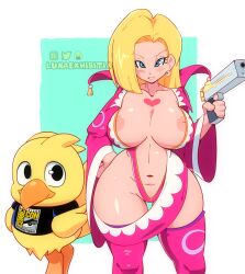 1girls 1other android_18 areola_slip big_breasts blonde_hair blue_eyes breasts chocobo comic_con cosplay crossover cute dragon_ball_z female female_only final_fantasy final_fantasy_x high_resolution holding_gun large_breasts leblanc_(final_fantasy) long_sleeves looking_at_viewer lunaexhabbitix pink_sleeves pink_thighhighs skimpy thigh_gap thighhighs thighs very_high_resolution wide_hips