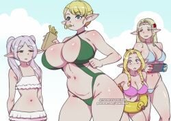 4girls big_breasts bikini blonde_hair bokuman breast_awe breast_envy breast_size_difference breasts chubby crossover curvaceous curvy curvy_female curvy_figure dungeon_meshi edomae_elf eldarie_irma_fanomene elf elf-san_wa_yaserarenai elf_ears elf_female elfuda female female_only frieren humanoid large_breasts long_hair marcille_donato multiple_girls pale-skinned_female pale_skin plump pointy_ears short_hair sousou_no_frieren thick thick_ass thick_thighs thighs voluptuous voluptuous_female wide_hips