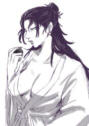 black_and_white black_hair breasts earrings female hair_bun jujutsu_kaisen snakebite_piercing suguru_geto white_background white_robe