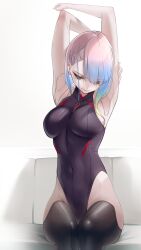 1girls armpits arms_behind_head arms_up black_leotard black_thighhighs blue_hair breasts cybernetics cyberpunk:_edgerunners cyberpunk_2077 female female_focus female_only highres leotard light-skinned_female light_skin lucyna_kushinada multicolored_hair navel_outline sitting sleeveless solo_female somebody_(leiking00) thighhighs thighs white_hair