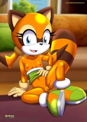 1girls anthro bbmbbf blue_eyes breasts clothing cub female female_only looking_at_viewer marine_the_raccoon mobian_(species) mobius_unleashed open_mouth palcomix pussy raccoon sega small_breasts smile solo solo_female sonic_(series) sonic_the_hedgehog_(series) tongue young