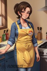 ai_generated apron brown_eyes brown_hair bulge bulge_through_clothing cleavage flaccid flordulce futa_only futanari indoors jacket kitchen milf mother_(pokemon_sv) paldea_mother pants penis_bulge pokemon pokemon_sv seductive seductive_look seductive_smile shirt solo_futa standing yellow_apron