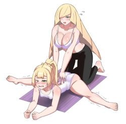 2girls ass barefoot blonde_hair breast_size_difference breasts bubble_butt feet female flexible green_eyes highleg_leotard huge_breasts large_ass leotard light-skinned_female light_skin lillie_(pokemon) long_hair lusamine_(pokemon) mature_female milf mother mother_and_daughter multiple_girls nintendo petite petite_body pokemon pokemon_sm simple_background small_breasts splits sports_bra sportswear stretching toes working_out yoga yoga_pants ytrall yuri