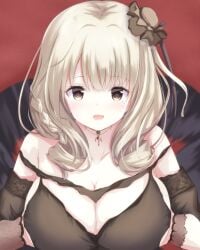 azur_lane bare_shoulders black_dress blonde_hair breasts breasts_squeezed_together brown_headwear cleavage collarbone detached_sleeves dress drill_hair drill_sidelocks female grey_eyes hat highres huge_breasts jewelry kisuish lützow_(azur_lane) lützow_(everlasting_blood_banquet)_(azur_lane) light_blush long_hair looking_at_viewer mini_hat necklace official_alternate_costume open_mouth red_background sidelocks simple_background solo upper_body