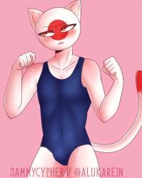 1boy 2021 5_fingers alukarein annoyed_expression avoiding_eye_contact bald blue_swimsuit blush blush_lines blushing_at_viewer cat_ears cat_tail cock_bulge color colored countryhumans cute_expression embarrassed femboy fingers front_view gay japan_(countryhumans) looking_away looking_away_from_viewer male_focus male_only mini_comic penis_bulge pink_background red_tail_tip sammycypher simple_background slim small_mouth small_thighs swimsuit tail tongue twitter_username watermark white_body white_skin white_skinned_male white_tail yellow_eyes yellow_pupils