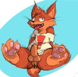 ! 2017 3_toes anthro anus aroused ass balls bare_shoulder bottomless bubsy bubsy_(series) clothed clothing erection feet felid feline fur kemonoruka lynx male male_only mammal open_mouth orange_fur paws penis shirt simple_background solo toes tongue tongue_out video_games