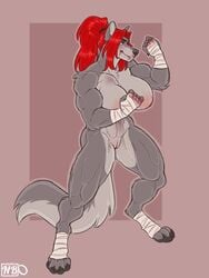 anthro bandage big_breasts blood breasts canid canine canis female fighting_stance mammal muscular muscular_female nasusbot pussy smile solo standing wolf