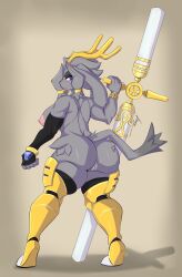 anthro armor ass blush blush_lines bovid breasts butt_focus caprine eyebrows female fraydragon fur genitals goat grey_body grey_fur grey_hair hair hi_res holding_object holding_weapon horn hybrid long_ears looking_back mammal melee_weapon muscular muscular_anthro muscular_female nipples nude nude_female pseudoregalia purple_eyes pussy rear_view serious shadow simple_background solo sword sybil_(pseudoregalia) tail thick_eyebrows thick_thighs weapon