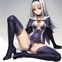 1girls ai_generated arbitrary blanc_neige cameltoe hi_res high_heel_boots high_heels red_eyes shining_(series) spread_legs stable_diffusion white_hair