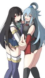 2d 2girls akame_(akame_ga_kill!) akame_ga_kill! aqua_(konosuba) armwear artist_request ass big_breasts black_dress black_gauntlets black_hair black_kneehighs black_shirt black_skirt black_socks blue_dress blue_eyes blue_hair blue_shirt blue_skirt blue_thighhighs bottomless_skirt breast_on_breasts breast_press breasts costume_switch expressionless eyebrows female female_only gauntlets goddess hair_ornament happy holding holding_hands juicy_butt kneehigh_socks kneehighs kono_subarashii_sekai_ni_shukufuku_wo! legs long_hair looking_at_viewer neckwear outfit_swap red_eyes red_necktie revealing_clothes short_skirt sleeveless standing thighhighs thighs