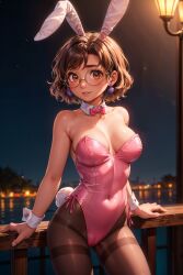 ai_generated belly_button big_breasts bunny_costume bunny_ears bunny_tail bunnysuit dark-skinned_female encanto glasses latina looking_at_viewer mirabel_madrigal pantyhose short_hair