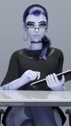 1girls 3d 3d_(artwork) alternate_costume bespectacled choker clothed clothing crossed_legs earrings female female_focus female_only glasses grey_background highres hoop_earrings looking_at_viewer nuttycravat overwatch overwatch_2 simple_background solo table thighhighs widowmaker