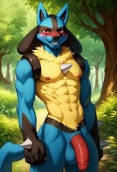 abs ai_generated anthro anthro_male balls biceps big_balls big_penis blush furry gay looking_at_viewer lucario male male_only muscular muscular_male nipples nude_male pecs penis pokemon pokemon_(species) red_eyes smile toned_body toned_male twall97