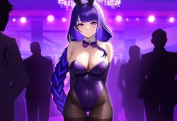 ai_generated bare_shoulders black_gloves black_pantyhose blush braided_ponytail casino detached_collar elbow_gloves fake_rabbit_ears female genshin_impact large_breasts light_smile looking_at_viewer mole_under_eye people_in_background purple_bowtie purple_eyes purple_hair purple_leotard raiden_shogun standing thighband_pantyhose very_long_hair