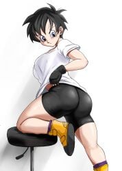 1girls 2d ass big_ass bike_shorts black_hair chair dragon_ball dragon_ball_z female footwear full_color fully_clothed gloves ivyneko legs_up long_shirt no_penetration one_leg_up pulling_clothing shirt shoes short_hair solo solo_female spats thick thick_ass thick_thighs tomboy videl