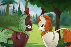 2019 an-tonio anus ass autumn_blaze_(mlp) bedroom_eyes cinder_glow_(mlp) clitoris duo female female_only feral friendship_is_magic half-closed_eyes hasbro hi_res kirin looking_at_viewer looking_back my_little_pony outside pananovich presenting presenting_pussy pussy seductive smile tree