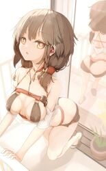 balcony barefoot big_ass big_breasts braided_ponytail brown_eyes brown_hair feminine_pose genek looking_at_viewer mirror mirror_reflection petite petite_body petite_female shorts teenager thick_thighs underwear wide_hips