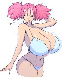 alternate_breast_size armpits big_hair bikini breasts capcom curvy earrings female gigantic_breasts hand_in_own_hair highres hoop_earrings iroaya_madoi jewelry looking_at_viewer mega_man mega_man_battle_network ms._madd one_eye_closed pink_hair romo_(samesameyeah) samesameyeah simple_background smile solo swimsuit translation_request twintails white_background wide_hips wink