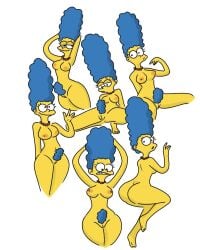 20th_century_studios accurate_art_style atomic_slug barefoot blue_hair marge_simpson nude_female pubic_hair the_simpsons white_background yellow_body yellow_skin