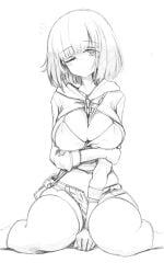 bare_thighs belly_button big_breasts bob_cut breast_squeeze crossed_arms genek kneeling looking_at_viewer one_eye_closed sketch sketch_page skirt smile smiling_at_viewer spread_legs teenager thick_thighs