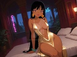 ai_generated bracelet breasts chel chel_(the_road_to_el_dorado) clothed clothed_female dress earrings gold_clothes gold_dress looking_at_viewer provocative sexy