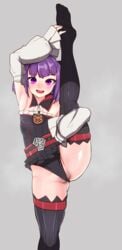 :d ass_visible_through_thighs bangs black_legwear black_panties blunt_bangs breasts censored detached_sleeves fate/grand_order fate_(series) female helena_blavatsky_(fate) highres looking_at_viewer mosaic_censoring open_mouth panties partially_visible_vulva purple_eyes purple_hair shiny shiny_skin simple_background small_breasts smile solo splits standing standing_on_one_leg thighhighs uenositasayuu underwear upper_teeth vertical_splits