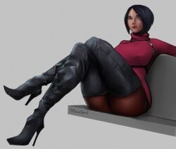 1girls 2023 ada_wong ada_wong_(adriana) asian asian_female black_hair boinboinz capcom classy_female crossed_legs female female_only high_heel_boots high_heels looking_at_viewer pantyhose resident_evil resident_evil_4 resident_evil_4_remake sitting solo thick_thighs unamused very_high_resolution