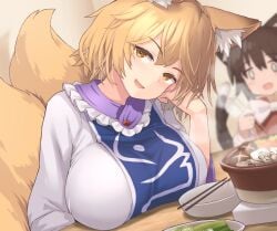 2girls alternate_version_at_source alternate_version_available animal_ears big_breasts blonde_hair breasts breasts_on_table cat_ears cat_tail catgirl chen clothed_female food fox_ears fox_tail kitsune light-skinned_female looking_at_viewer mature_female mob_face open_mouth ran_yakumo shiratsuki_shiori tails touhou yakumo_ran yellow_eyes yellow_hair