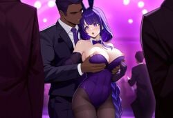 1boy ai_generated bare_shoulders behind_another black_gloves black_pantyhose blush braided_ponytail breast_hold breasts breasts_out casino dark-skinned_male detached_collar elbow_gloves fake_rabbit_ears genshin_impact grabbing_another's_breast hug_from_behind large_breasts looking_at_another molestation nipples partially_undressed people_in_background purple_bowtie purple_eyes purple_hair purple_leotard purple_necktie raiden_shogun standing suit surprised taller_male thighband_pantyhose undressing_another very_long_hair