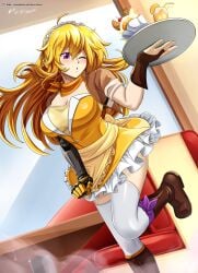 1girls blonde_female blonde_hair hocen long_hair long_hair_female maid maid_apron maid_headdress maid_outfit maid_uniform purple_eyes robotic_arm rwby yang_xiao_long