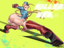 1girls 2024 alternate_costume ass blonde_hair blue_eyes boots cammy_white capcom female female_only hi_res juaagacgy leotard long_hair looking_at_viewer pose solo street_fighter street_fighter_alpha text thick_thighs twintails