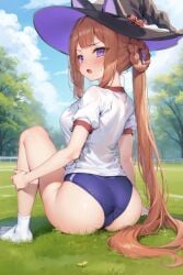 ai_generated animal_ears braid breasts brown_hair buruma female horse_girl long_hair purple_eyes sweep_tosho_(umamusume) umamusume umamusume_pretty_derby