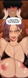 areolae brave_new_world cleavage glasses horny_female kim_mi-jung large_breasts lee_ho-seung lipstick mature mature_female mature_woman megane milf nipples purple_eyes purple_hair yoongonji