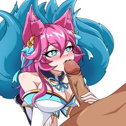 1boy 1girls ahri animal_ears blowjob blue_eyes cleavage cute eliteplus_ eye_contact female fox fox_ears fox_girl fox_tail kneeling league_of_legends licking_penis oral oral_sex petite pink_hair riot_games spirit_blossom_ahri tail teenager white_background