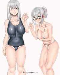 2girls big_breasts blush breasts female female_only fuyumi_todoroki glasses gray_eyes long_hair mature_female milf mother_and_daughter multiple_girls my_hero_academia navel notaredesuyo peace_sign ponytail rei_todoroki swimsuit thick_thighs white_hair