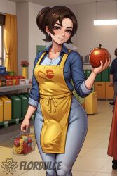 ai_generated apron brown_eyes brown_hair bulge bulge_through_clothing cleavage flaccid flordulce food fruit futa_only futanari grocery_store holding_fruit holding_object indoors jacket milf mother_(pokemon_sv) paldea_mother pants penis_bulge pokemon pokemon_sv seductive seductive_look seductive_smile shirt shopping solo_futa standing yellow_apron