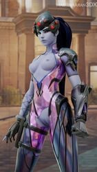 1girls 3d blizzard_entertainment blue_hair breasts female female_only king's_row_(map) looking_at_viewer masteraaransfm overwatch partially_clothed pussy solo widowmaker